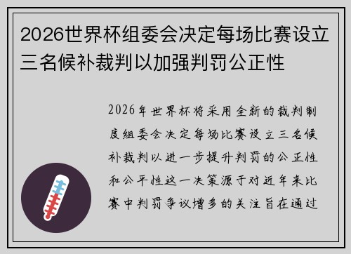 2026世界杯组委会决定每场比赛设立三名候补裁判以加强判罚公正性 2026世界杯组委会决定每场比赛设立三名候补裁判以加强判罚公正性