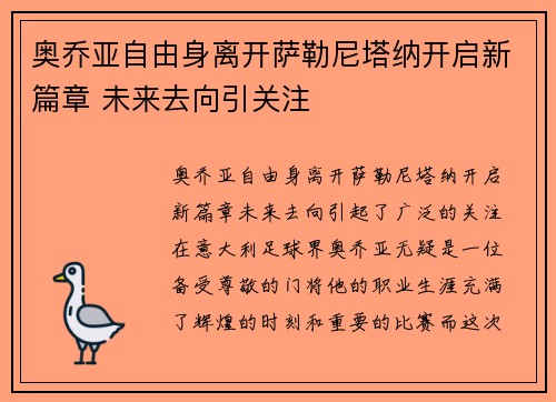 奥乔亚自由身离开萨勒尼塔纳开启新篇章 未来去向引关注